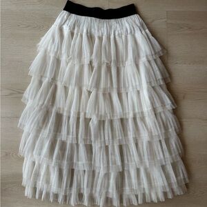 Tiered White Tulle Skirt with Black Waistband